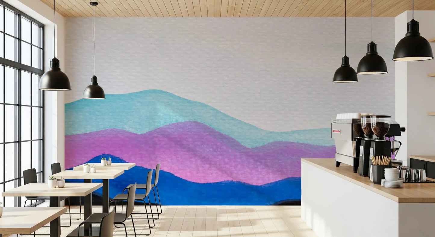 Cafe space with Colorflow Mountain Dream mural in soft purple landscape, GD9267