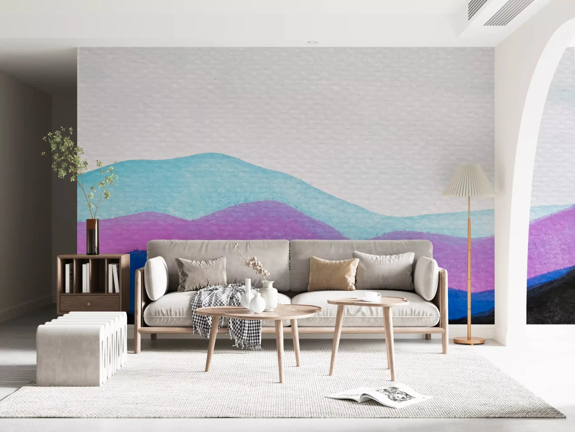Hallway wall featuring Colorflow Mountain Dream mural in pink and blue tones, GD9267