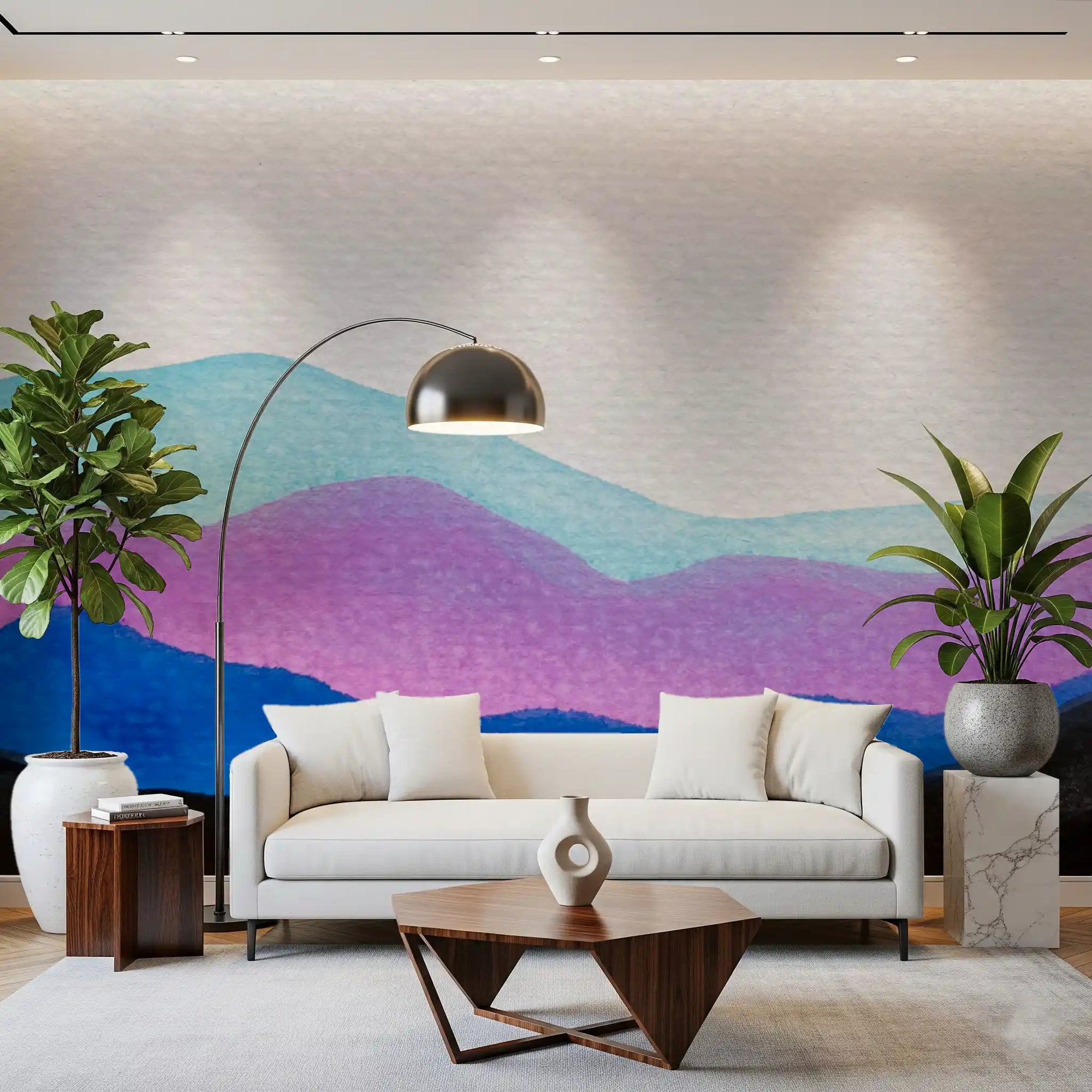 Hallway styled with Colorflow Mountain Dream wall mural and abstract peaks, GD9267