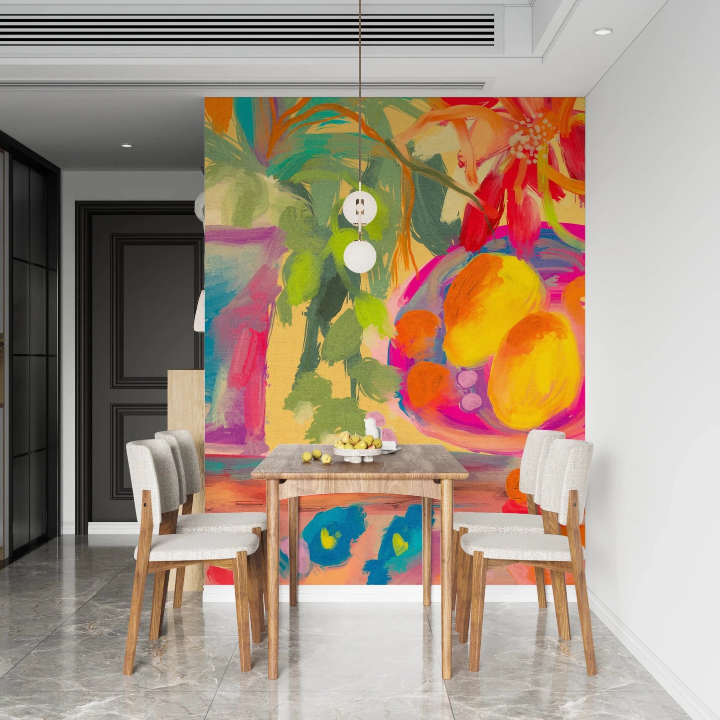 Artistic wall mural featuring lemons and summer blooms.