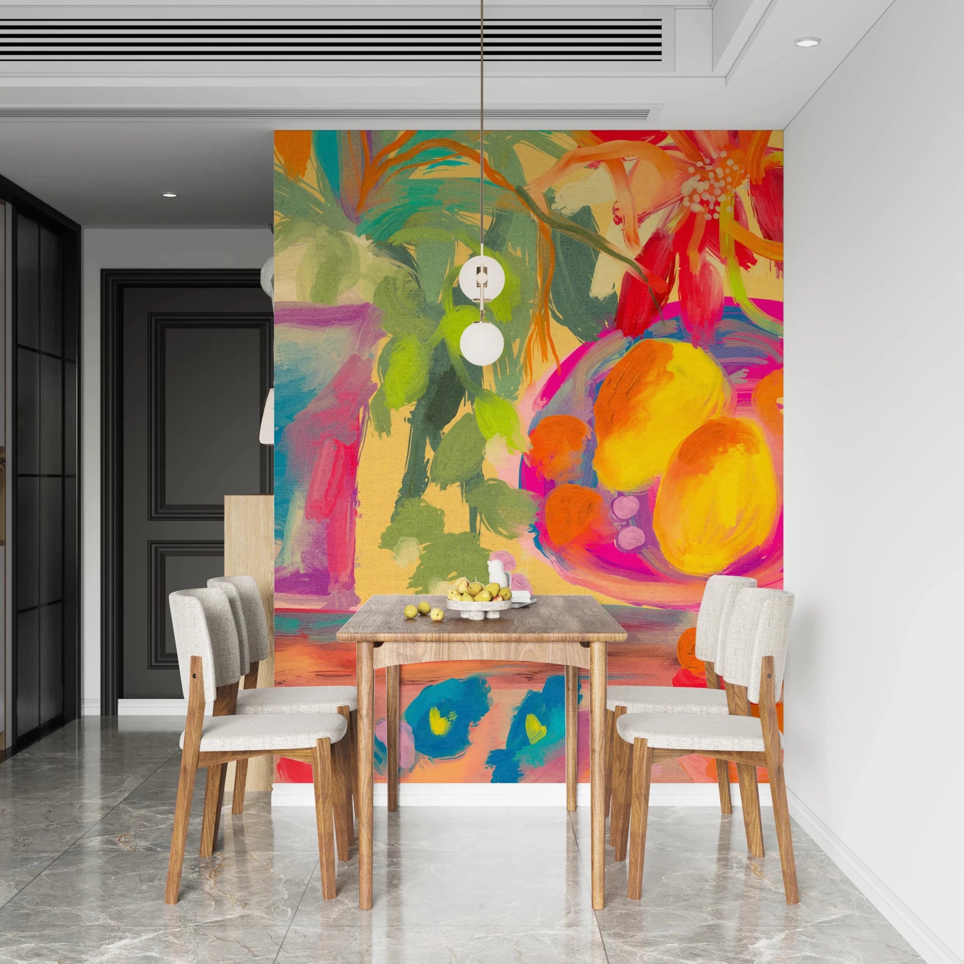 Artistic wall mural featuring lemons and summer blooms.