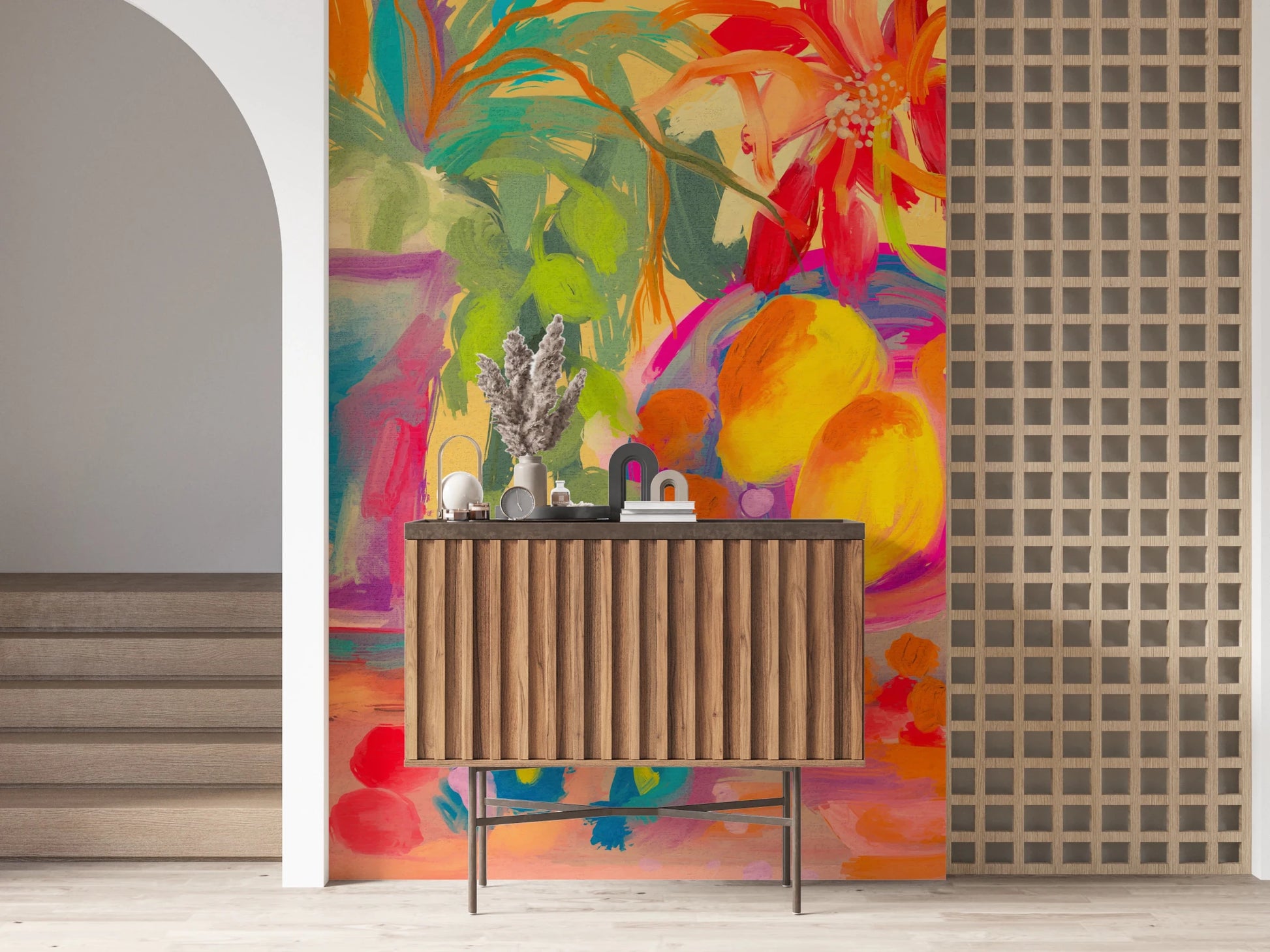 Vibrant abstract mural with yellow lemons and red flowers.