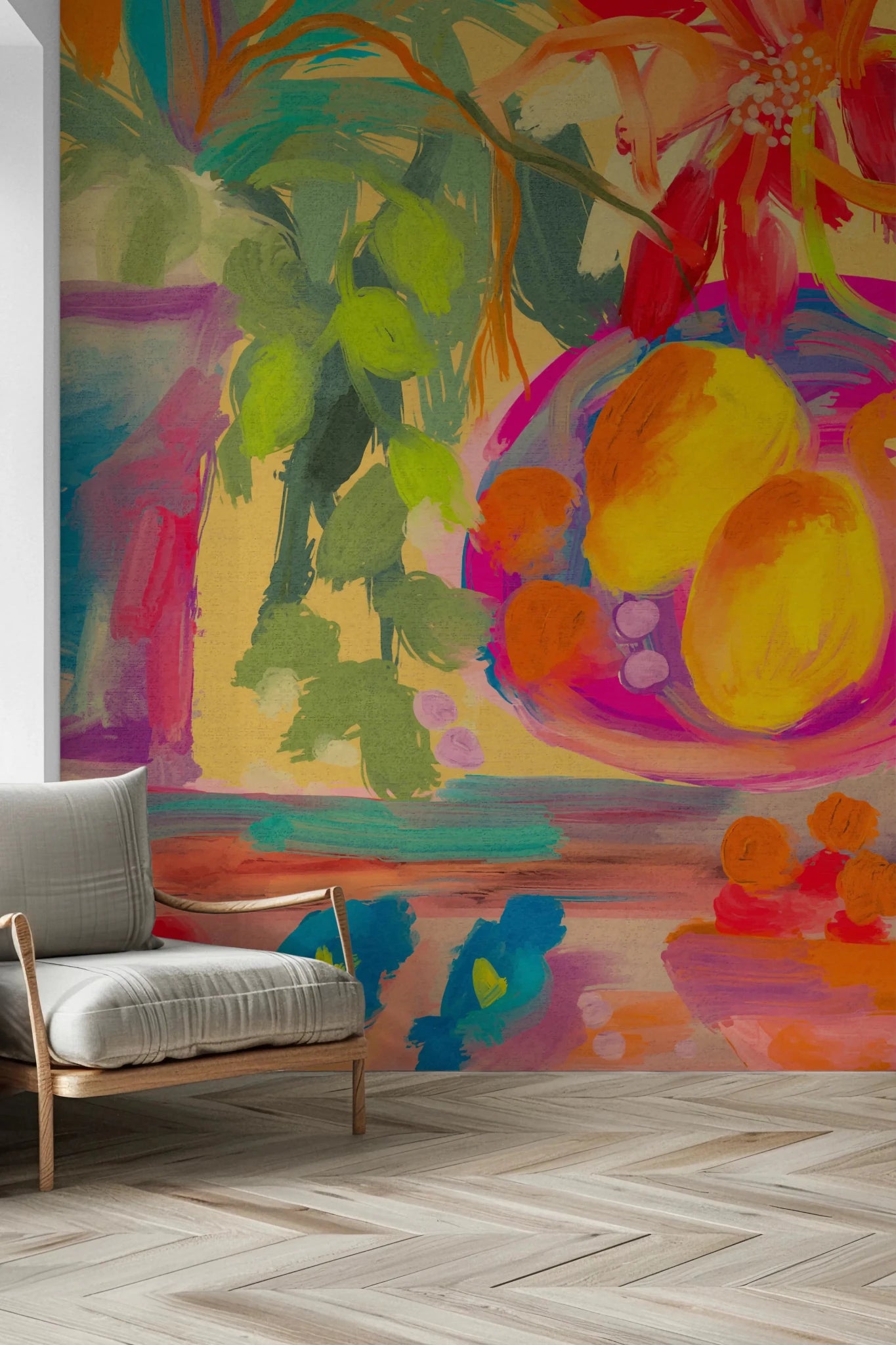 Bold red and yellow abstract still life wall mural.