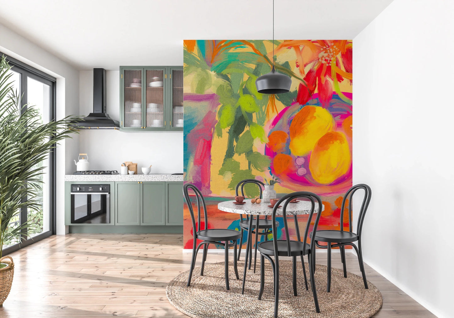 Hand-painted style wall mural of colorful fruit and flora.