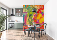Hand-painted style wall mural of colorful fruit and flora.
