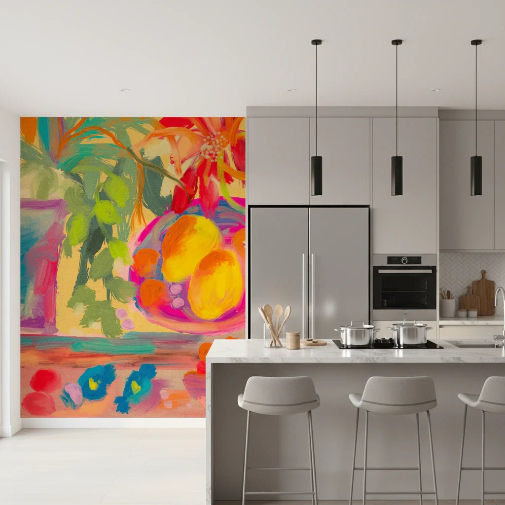 Colorful fruit and plant mural in a painterly style.