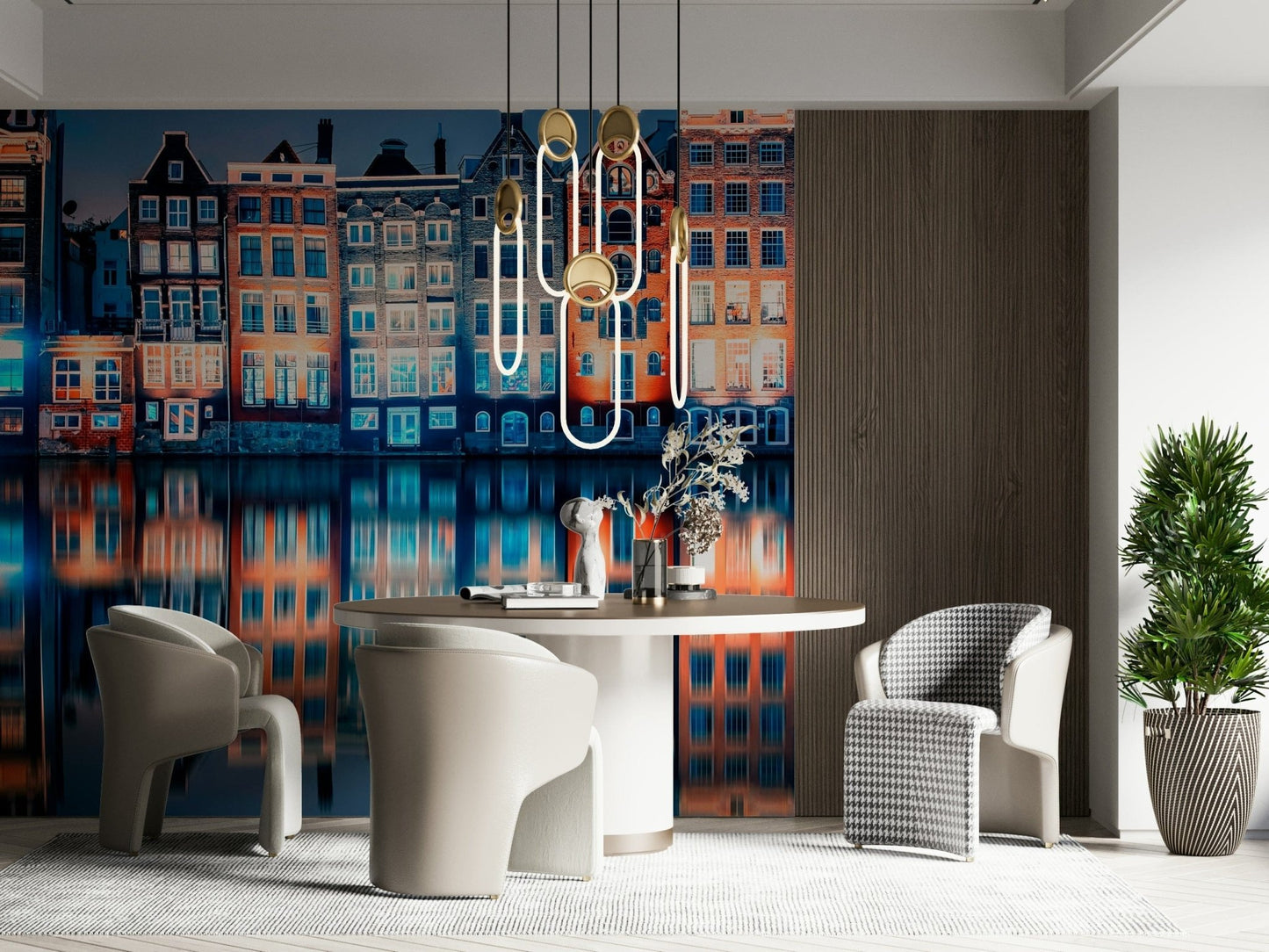 Colorful Amsterdam Wall Mural creates a striking canal-side setting for this dining room, GD7952