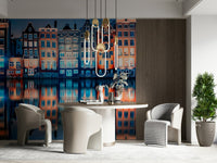 Colorful Amsterdam Wall Mural creates a striking canal-side setting for this dining room, GD7952