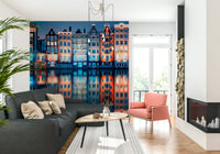 Colorful Amsterdam Wall Mural gives this kitchen corner a lively night-water backdrop, GD7952