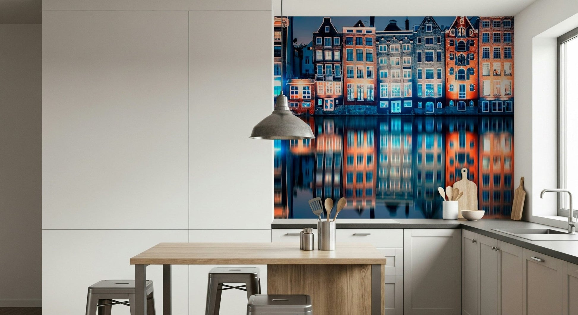In this dining space, Colorful Amsterdam Wall Mural adds bright canal-house rhythm, GD7952