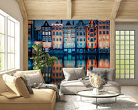 Colorful Amsterdam Wall Mural brings vivid waterfront glow into this open dining area, GD7952