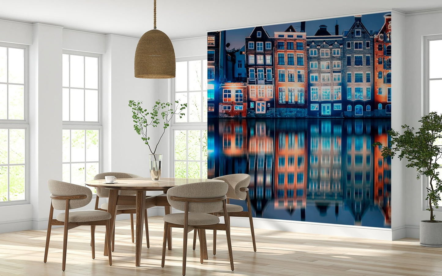 A calm living room paired with Colorful Amsterdam Wall Mural and mirrored house lights, GD7952