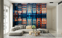 Close-up lounge view featuring Colorful Amsterdam Wall Mural and lit waterfront homes, GD7952