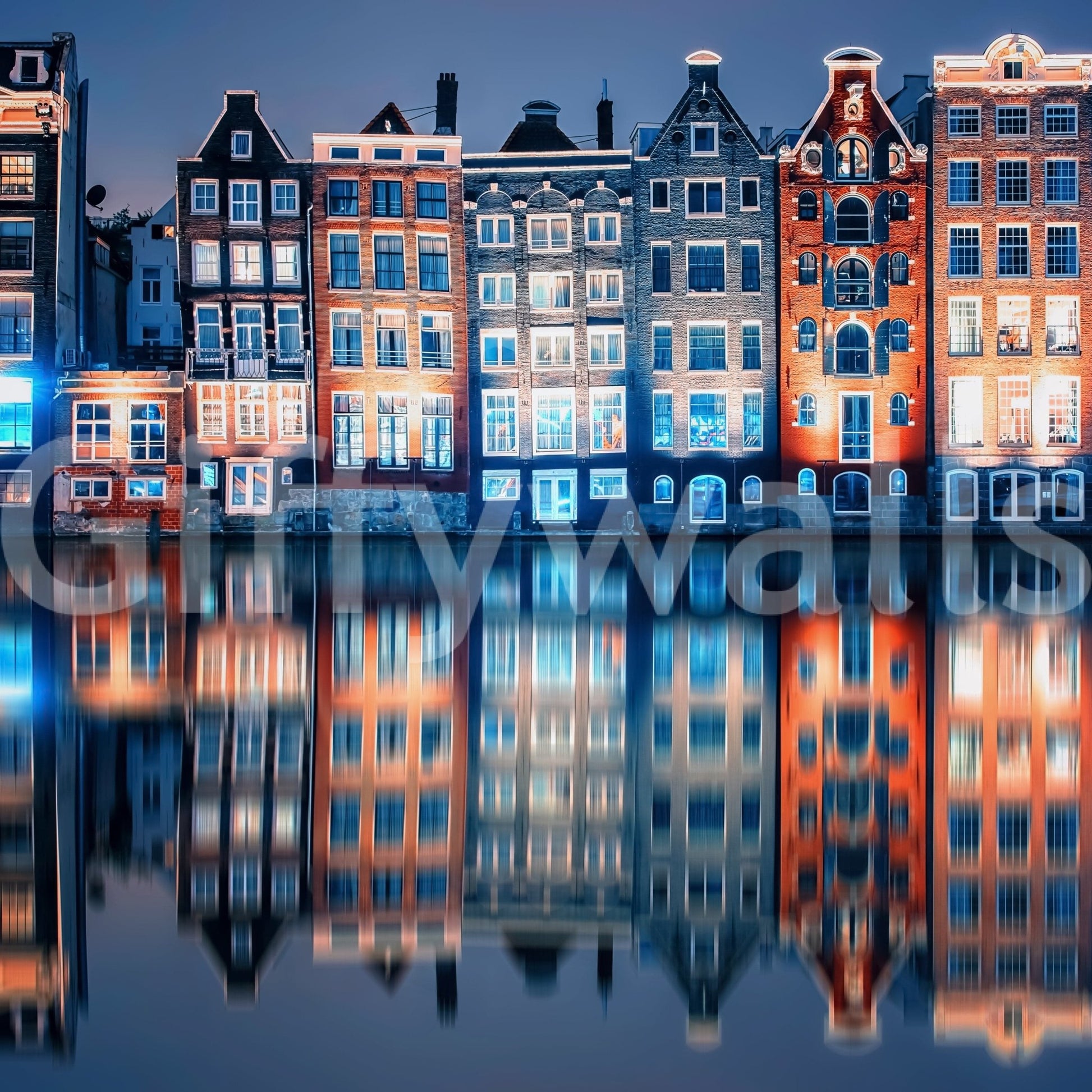 Colorful Amsterdam Wall Mural with glowing canal houses and vivid mirrored reflections, GD7952