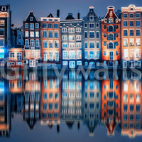 Colorful Amsterdam Wall Mural with glowing canal houses and vivid mirrored reflections, GD7952