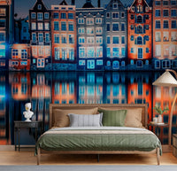 A bold bedroom styled with Colorful Amsterdam Wall Mural and glowing canal reflections, GD7952