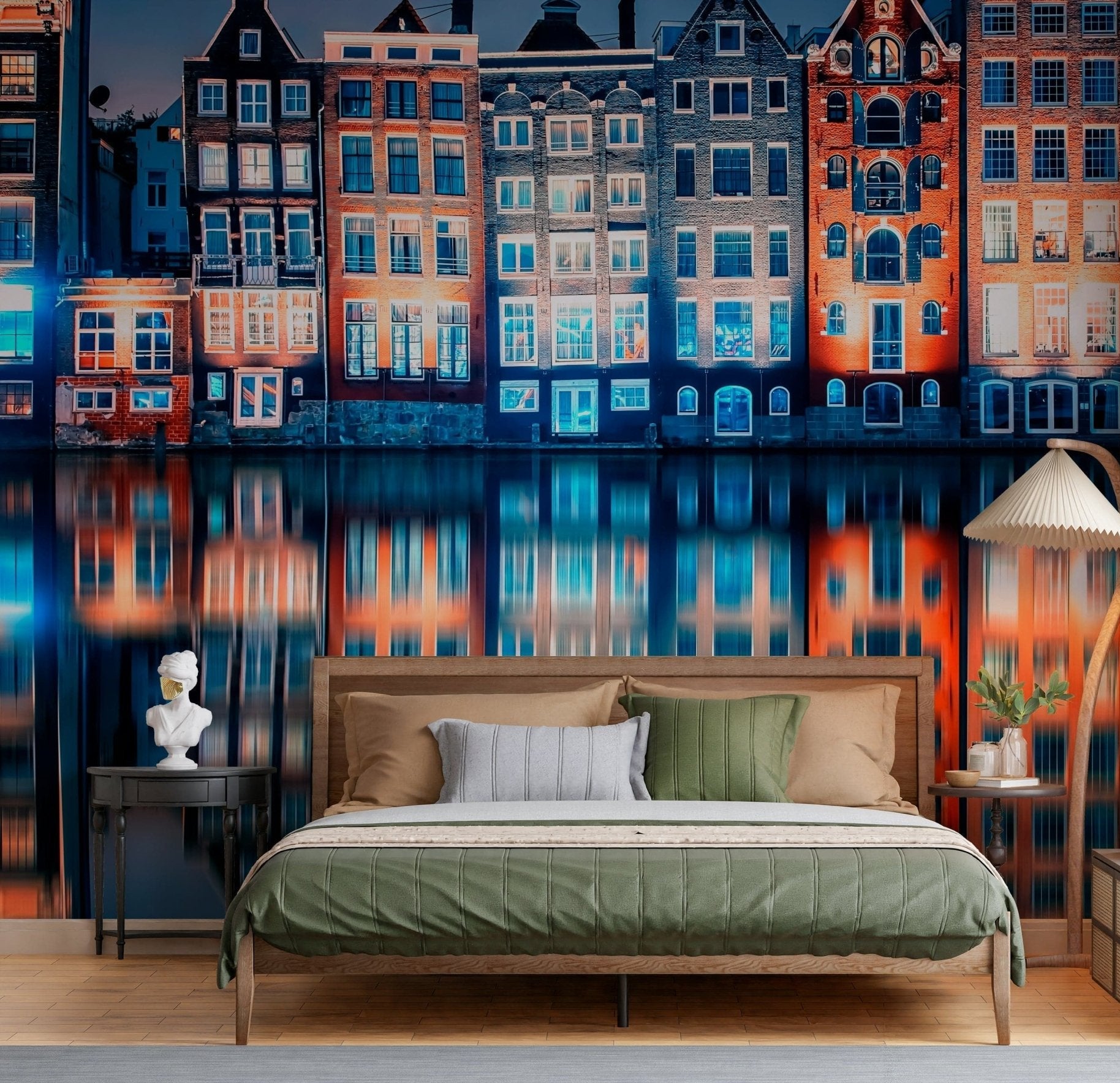A bold bedroom styled with Colorful Amsterdam Wall Mural and glowing canal reflections, GD7952