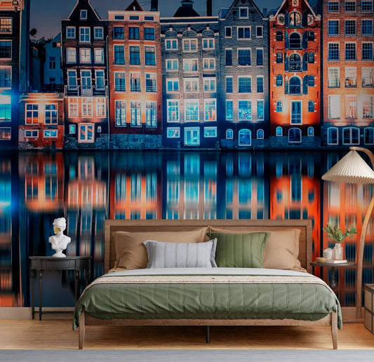 A bold bedroom styled with Colorful Amsterdam Wall Mural and glowing canal reflections