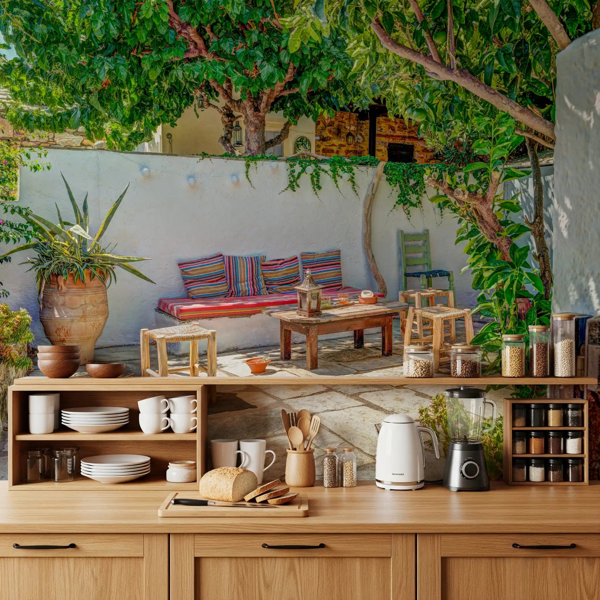 Kitchen with Colorful Backyard Patio Wall Mural and warm wood cabinetry, GD8893