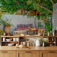 Kitchen with Colorful Backyard Patio Wall Mural and warm wood cabinetry, GD8893