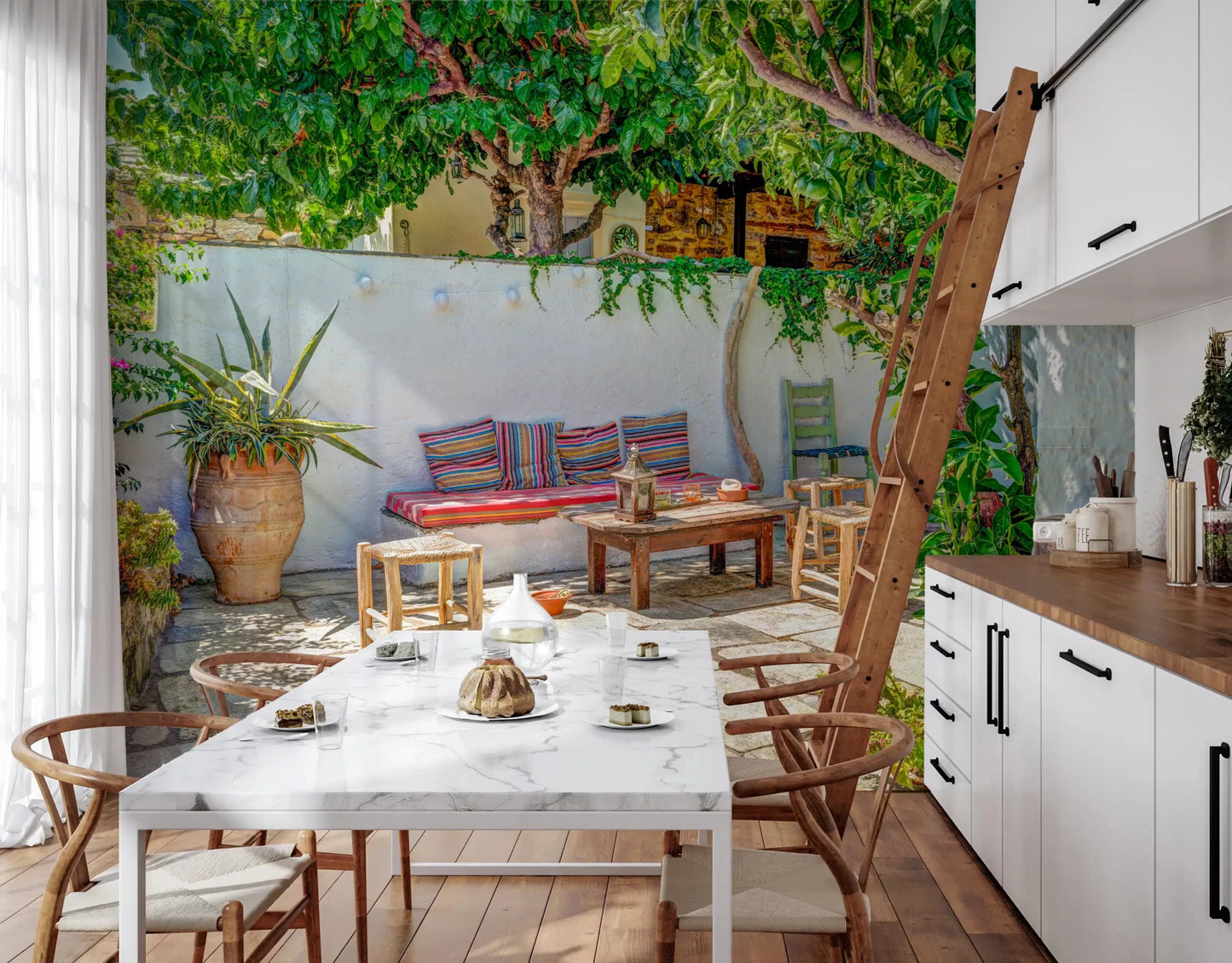 Kitchen with Colorful Backyard Patio Wall Mural and a leafy patio backdrop, GD8893