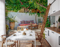 Kitchen with Colorful Backyard Patio Wall Mural and a leafy patio backdrop, GD8893