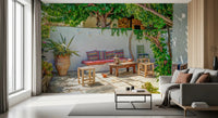 Living room with Colorful Backyard Patio Wall Mural and sunlit outdoor vines, GD8893