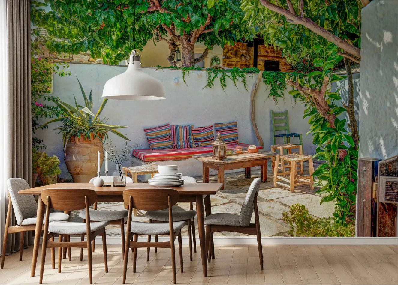 Dining room with Colorful Backyard Patio Wall Mural and lush vine-covered seating