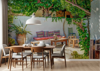 Dining room with Colorful Backyard Patio Wall Mural and lush vine-covered seating, GD8893