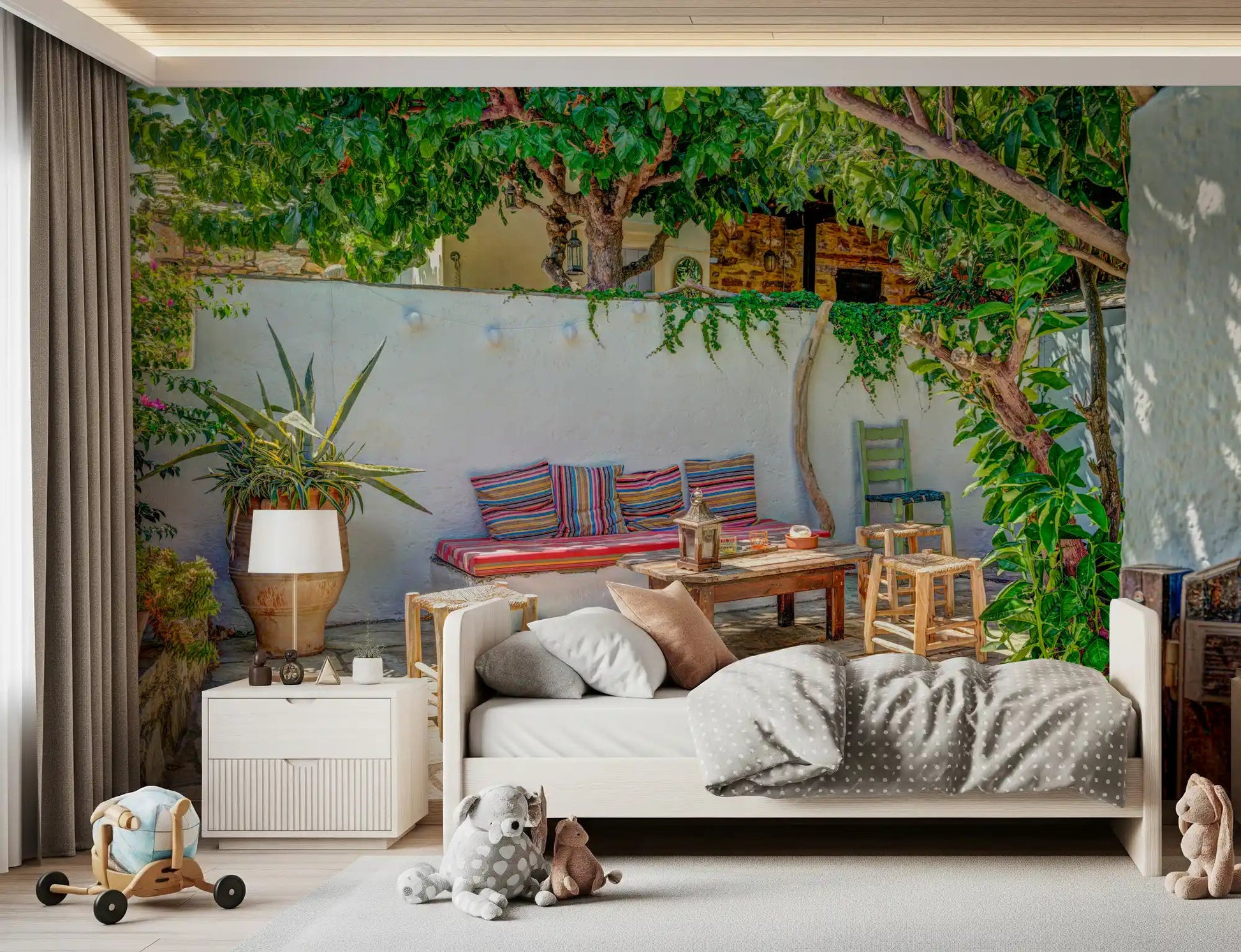 Bedroom with Colorful Backyard Patio Wall Mural and a calm garden patio scene, GD8893
