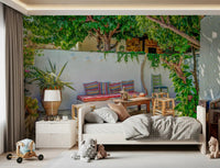 Bedroom with Colorful Backyard Patio Wall Mural and a calm garden patio scene, GD8893