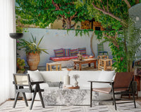 Living room with Colorful Backyard Patio Wall Mural and a bright green patio scene, GD8893