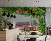 Café with Colorful Backyard Patio Wall Mural and leafy terrace details, GD8893