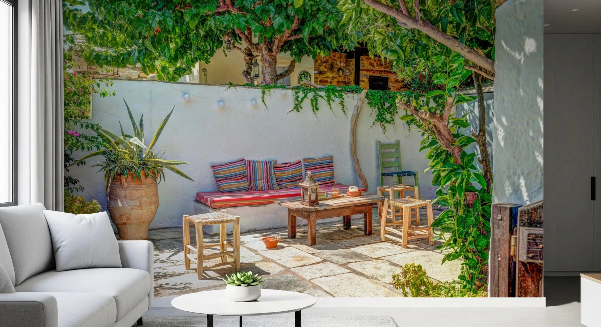 Lounge with Colorful Backyard Patio Wall Mural and a bright garden backdrop, GD8893