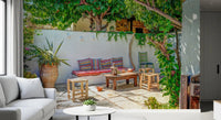 Lounge with Colorful Backyard Patio Wall Mural and a bright garden backdrop, GD8893