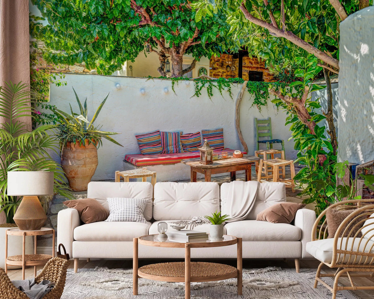 Living room with Colorful Backyard Patio Wall Mural and a cozy patio view, GD8893