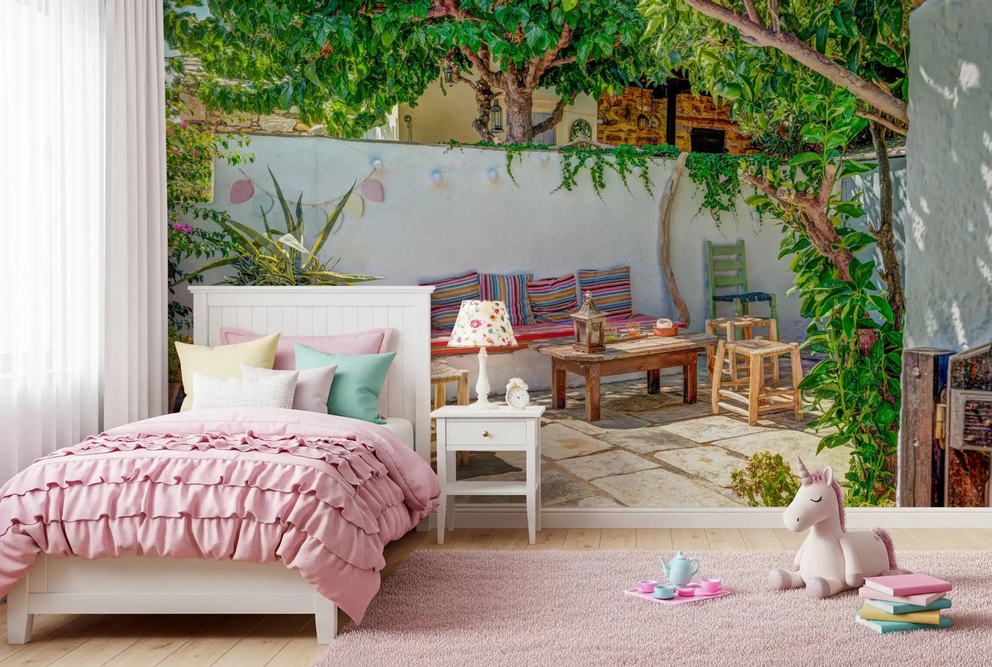 Bedroom with Colorful Backyard Patio Wall Mural and a pink bed setting, GD8893