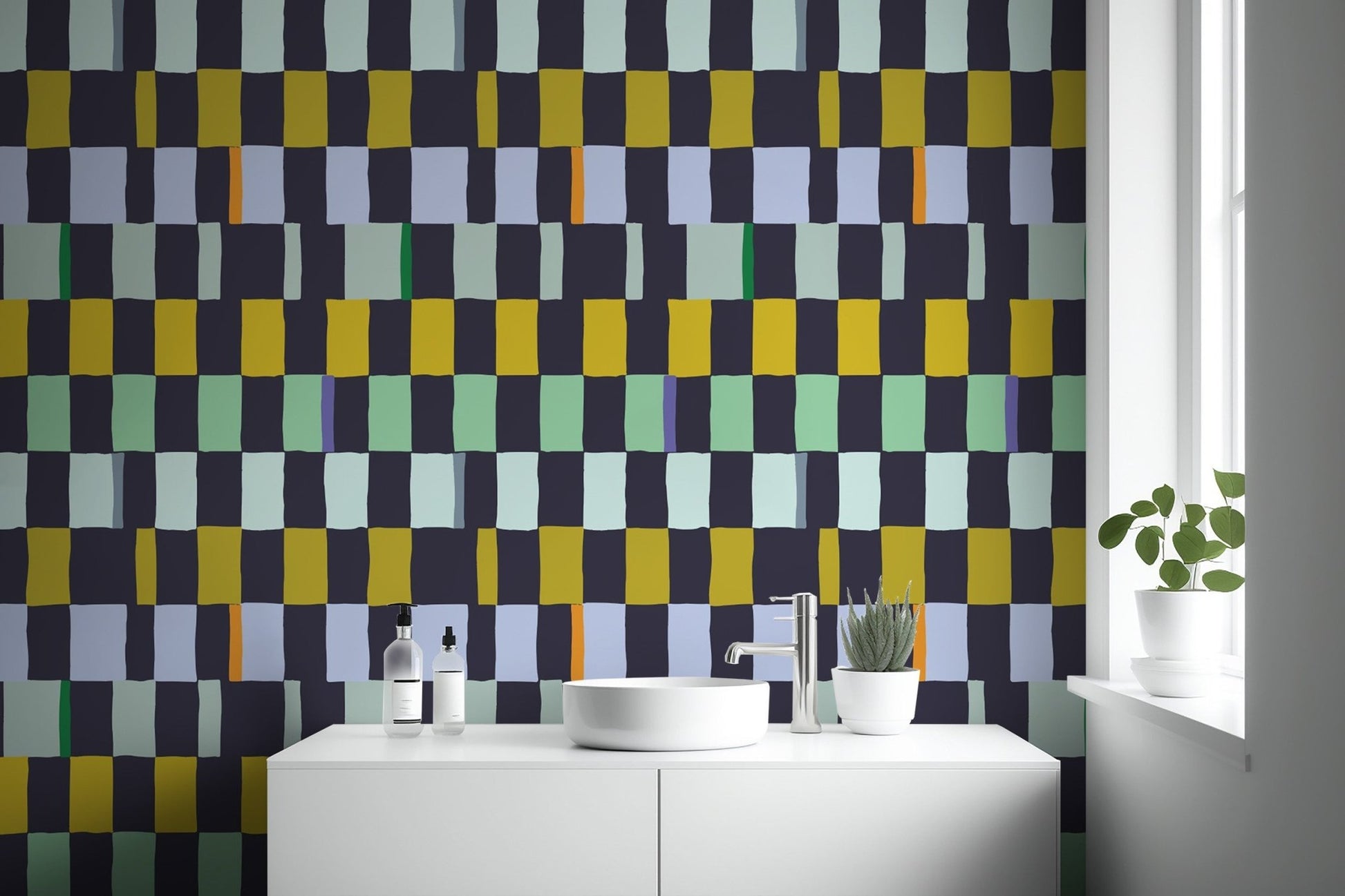 Vibrant mosaic quilt wallpaper adds charm to any space., AN105