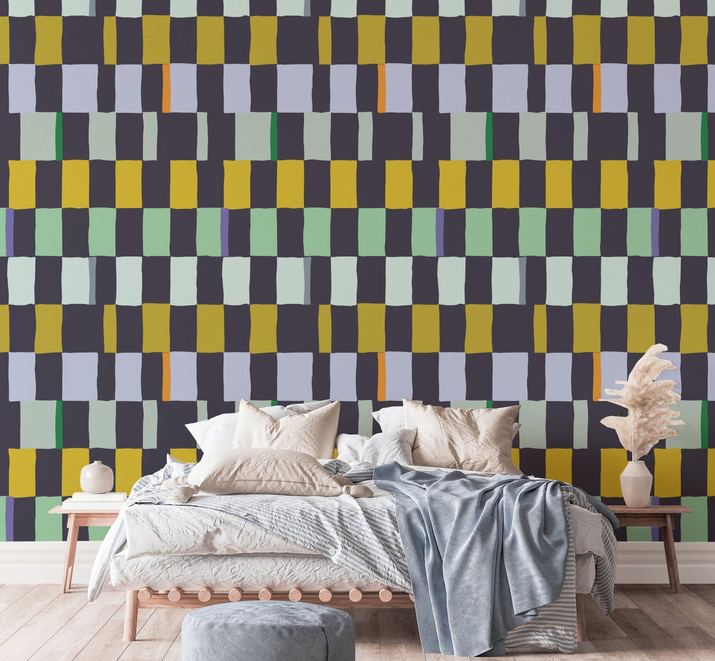 Mosaic quilt wallpaper for cozy and creative living spaces., AN105