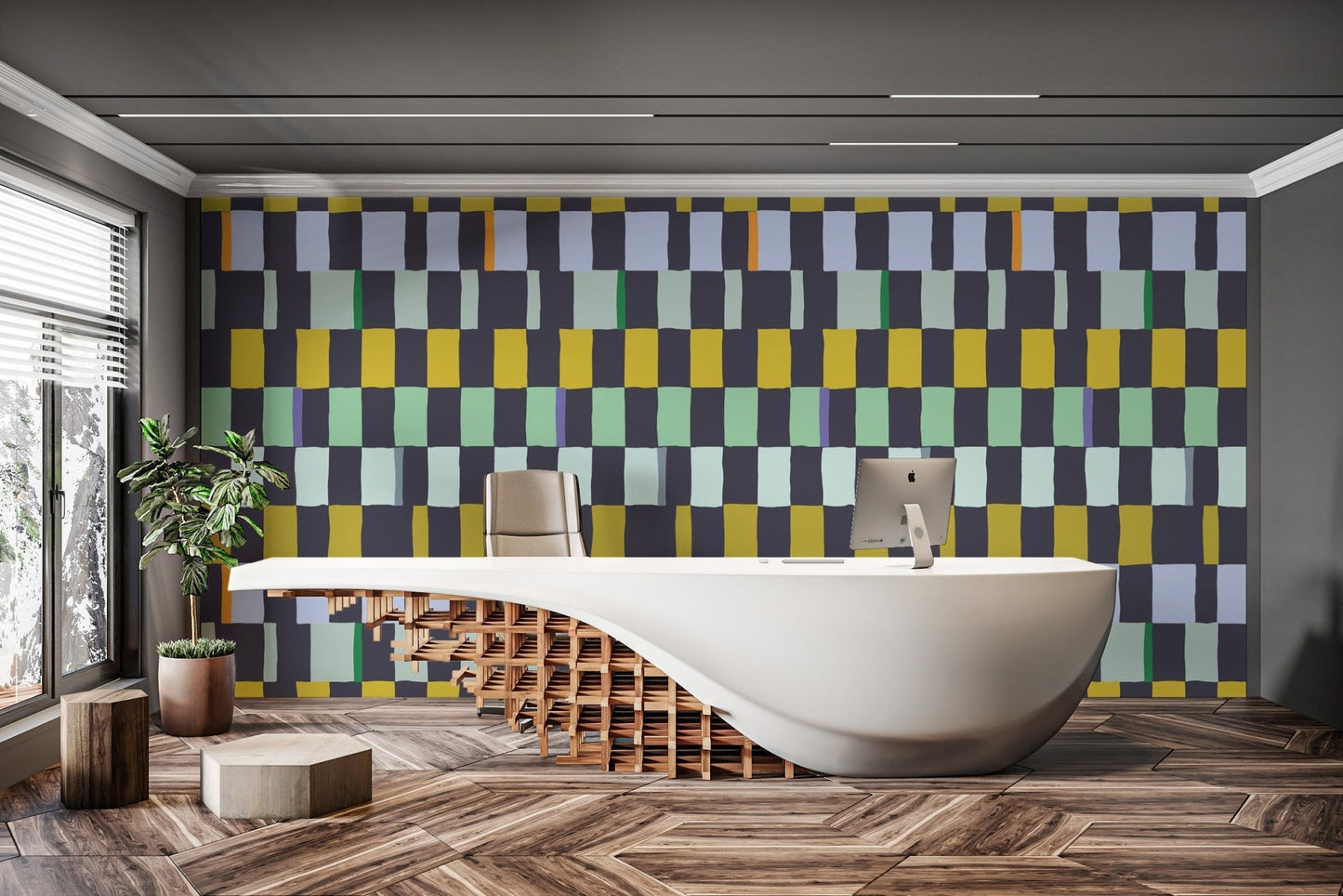 Colorful mosaic quilt wallpaper perfect for accent walls., AN105