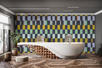 Colorful mosaic quilt wallpaper perfect for accent walls., AN105