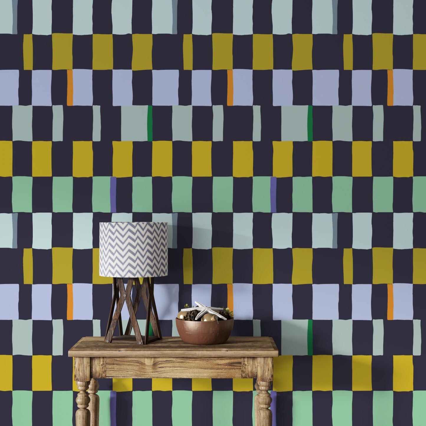 Mosaic quilt wallpaper with vibrant geometric tile patterns., AN105