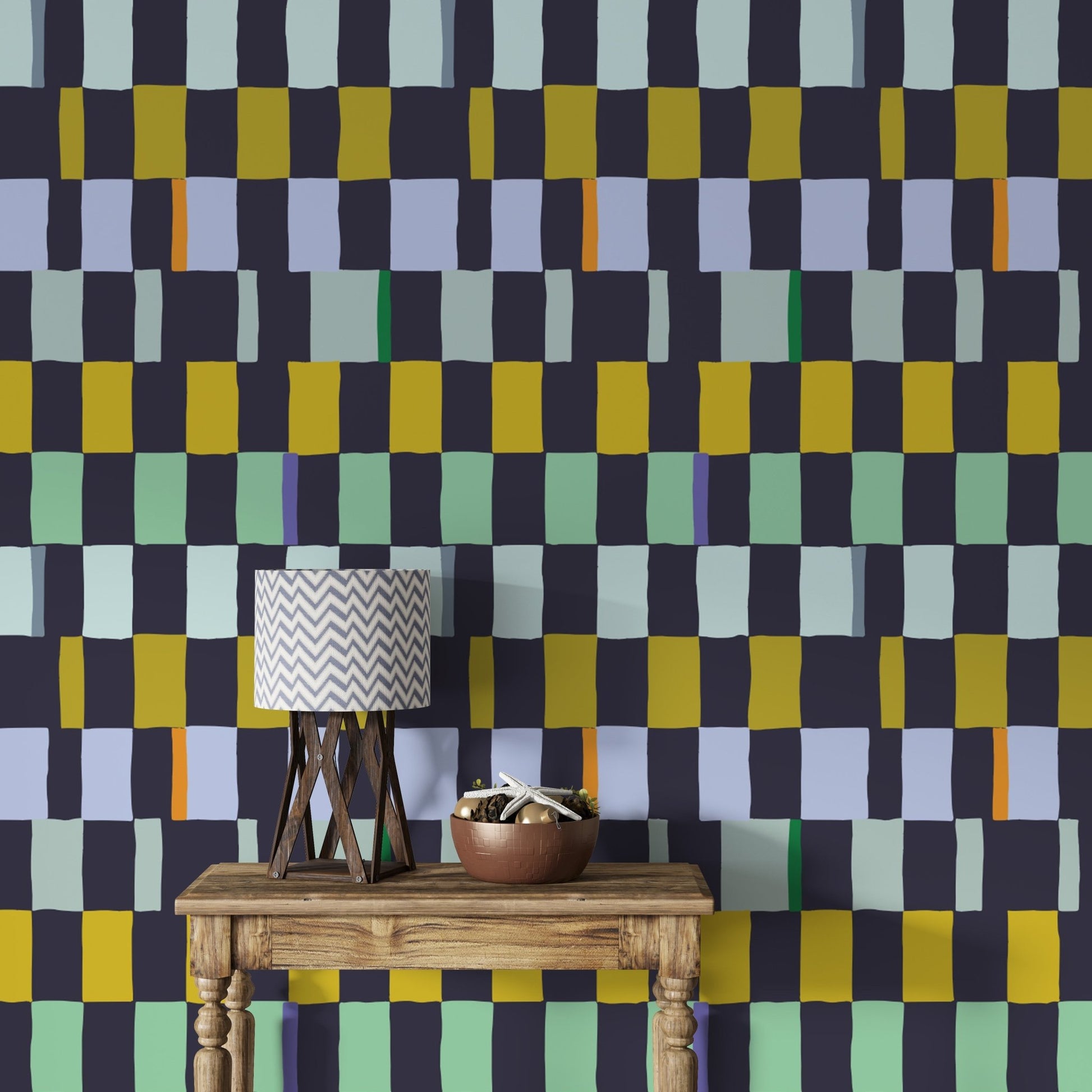 Mosaic quilt wallpaper with vibrant geometric tile patterns., AN105