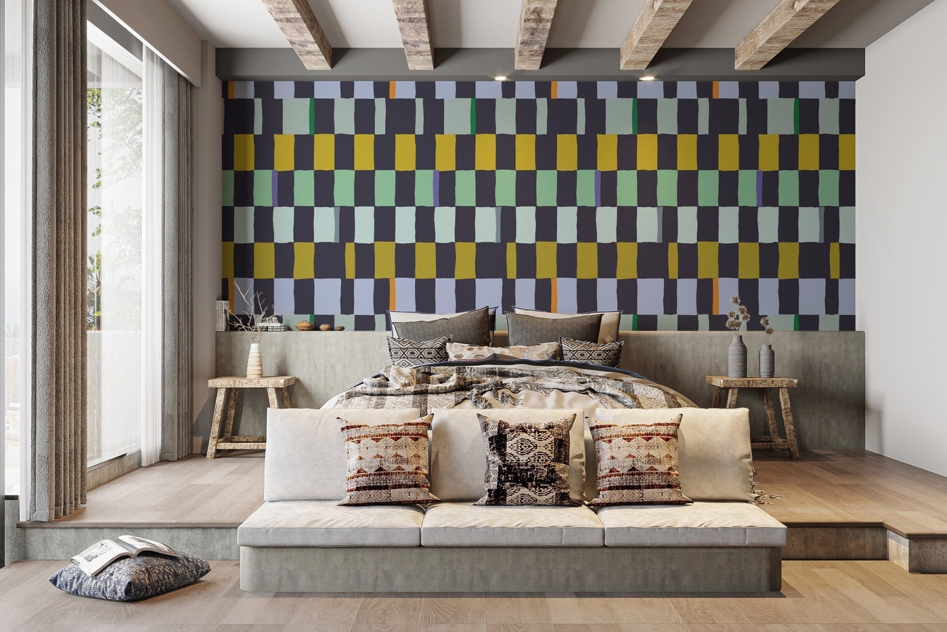 Abstract mosaic quilt wallpaper with unique artistic flair., AN105