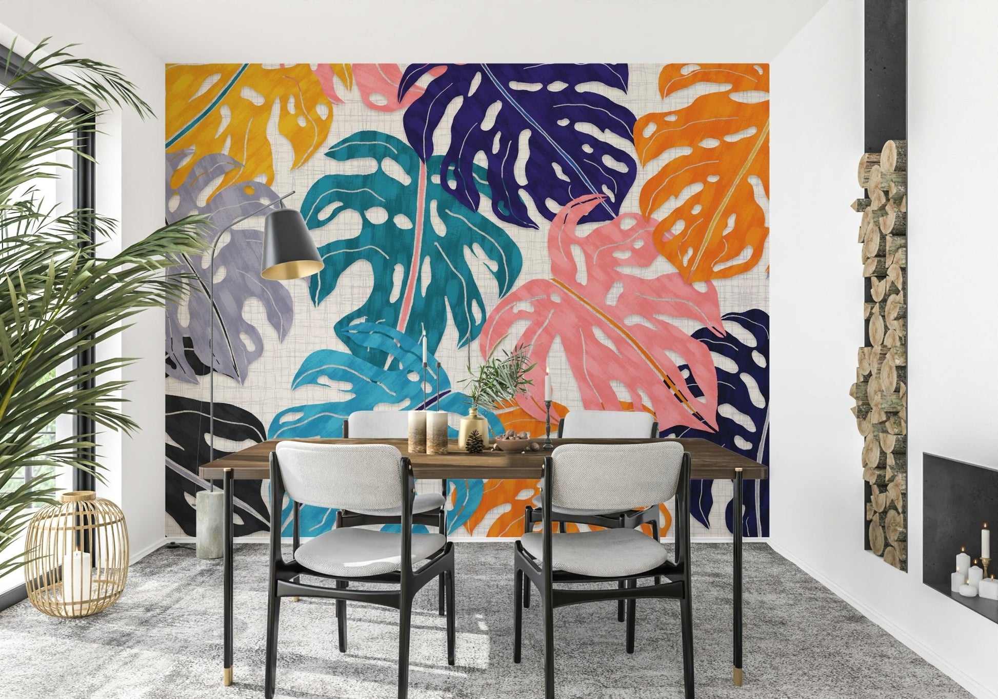 A contemplative exotic leaf wallpaper mural for a feature wall.