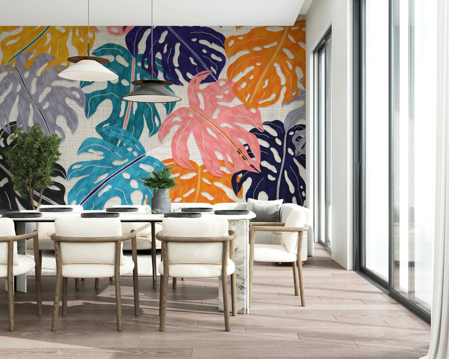 An artistic lush tropical mural on statement wallpaper.