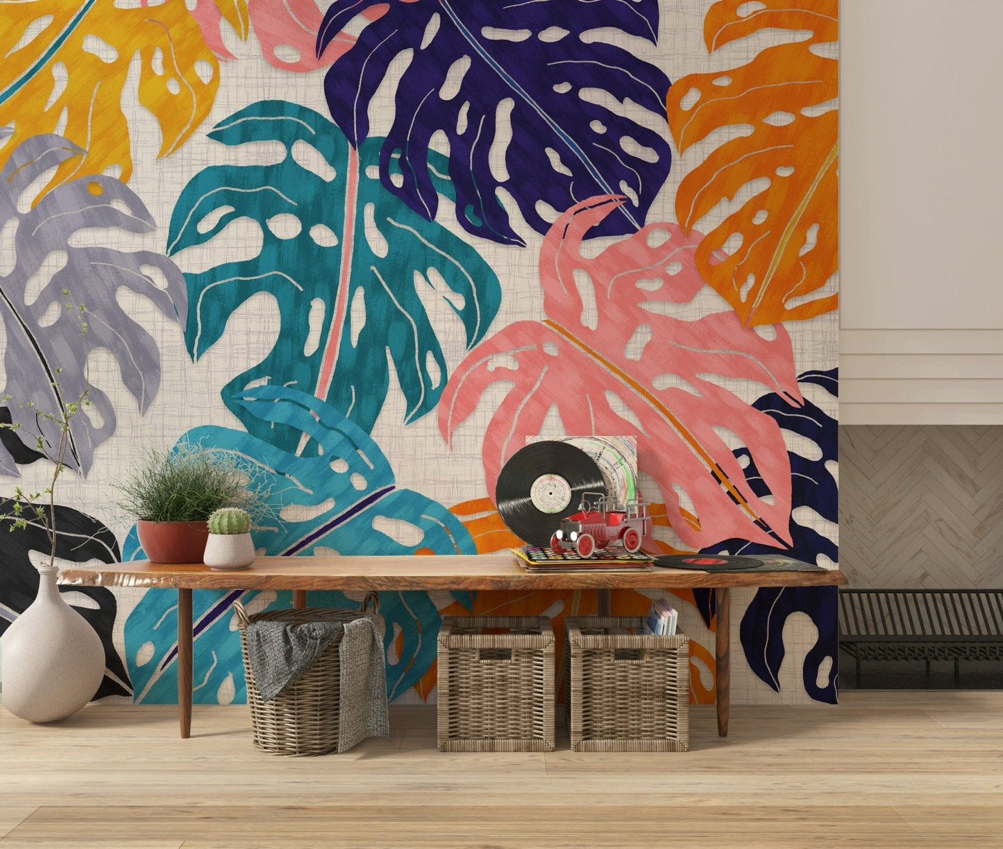 A peaceful overlapping leaf mural on decorative wallpaper.