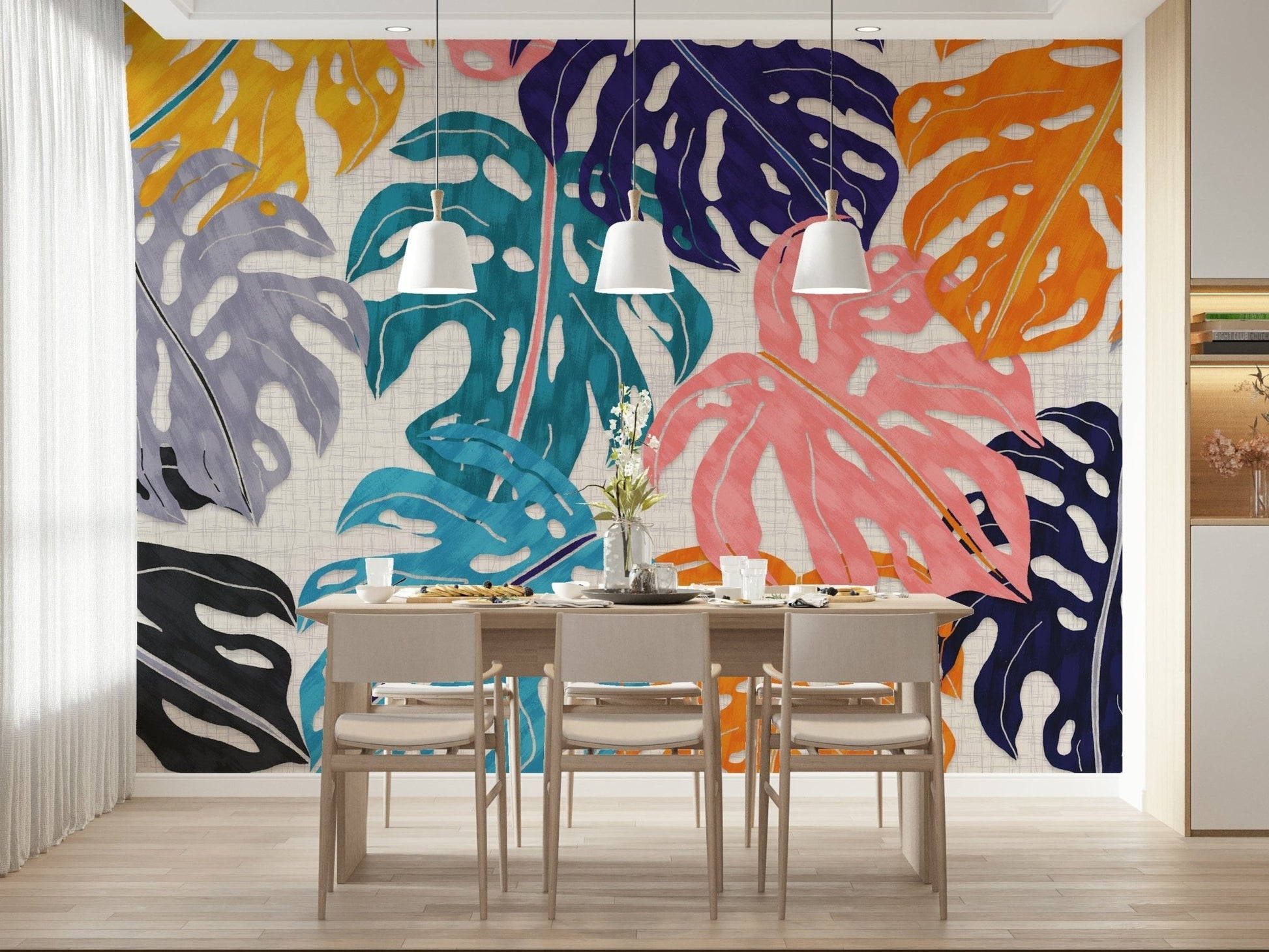 A beautiful modern art wall mural of plant leaves.