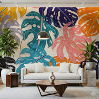 A calming foliage design wallpaper mural that defines a space.