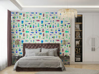 Contemporary wallpaper with blue sheen and vivid insects.


